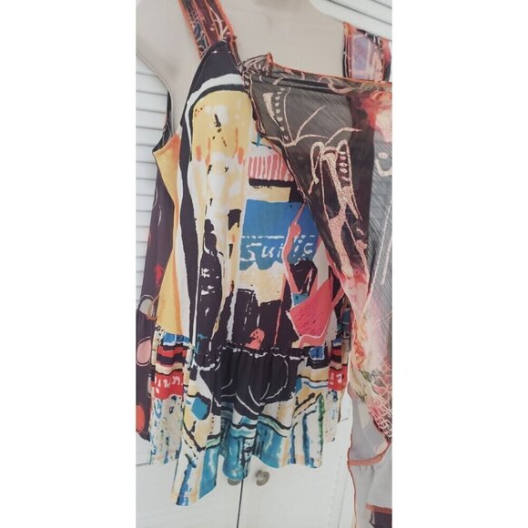 CHRISTINE PHILLIPPE SLEEVELESS COLORFULL CHIFFON SHEER WRAPED FRONT TOP SZ L - Picture 7 of 10